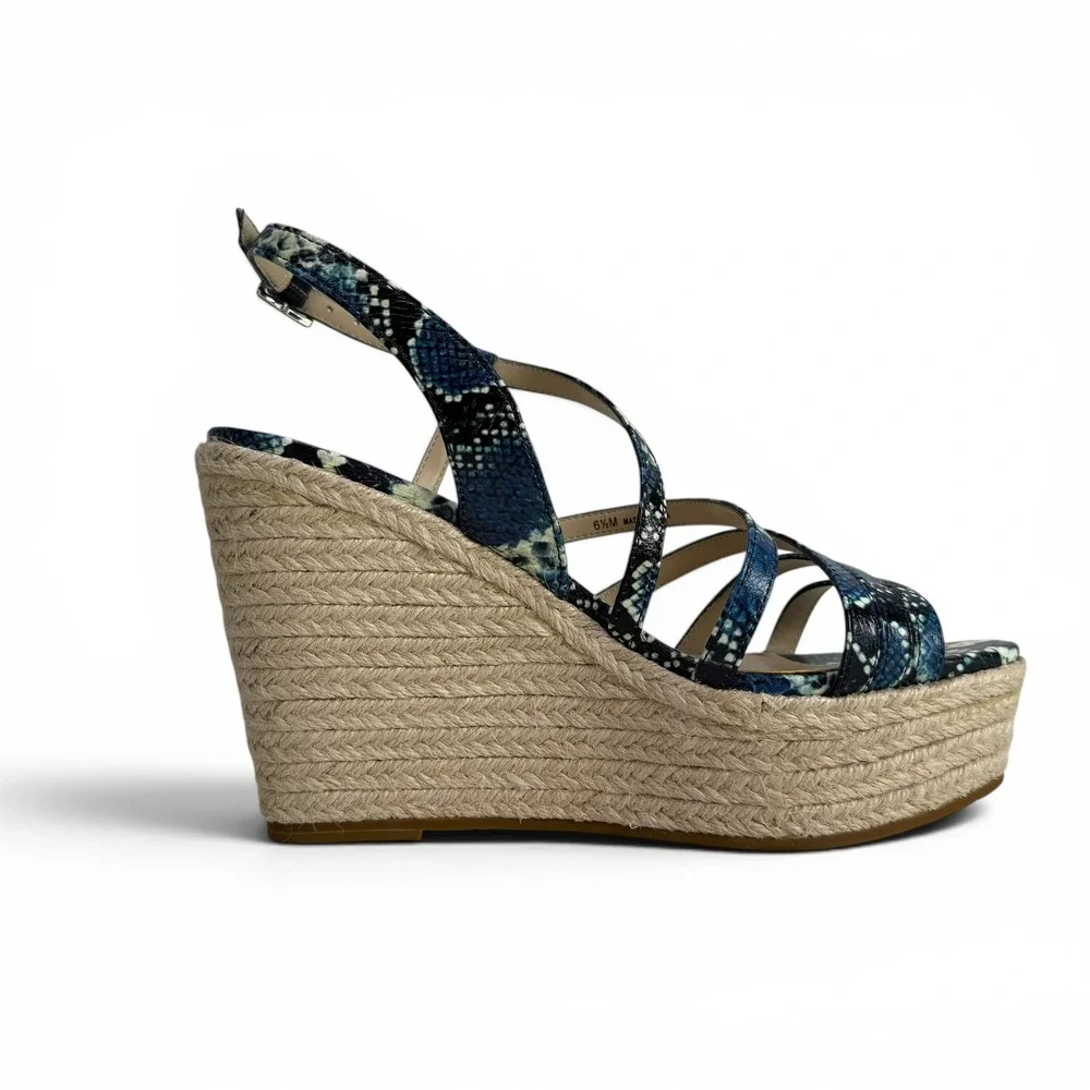 Pelle Moda Espadrille Wedge Sandals Platform Strappy Womens 6.5 M Blue Snakeskin
